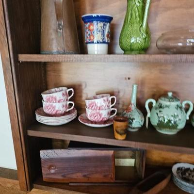 Tea cups with Saucers, Metal Pitcher, Vase
