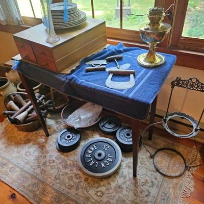 Exercise Weights, Brass Lamp, China plates, Oriental Rug