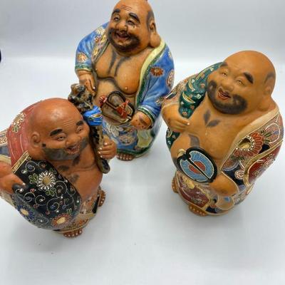 Lot 3 antique japanese satsuma moriage pottery buddha hotei figures