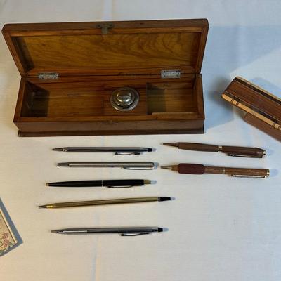 Pens And Wooden Box With Ink Well