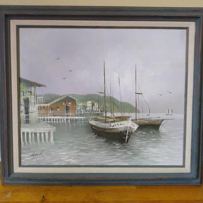 Signed Boat Themed Oil On Canvas 