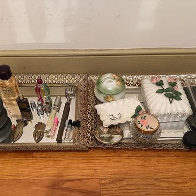 Two Vintage Mirror Trays And Decor