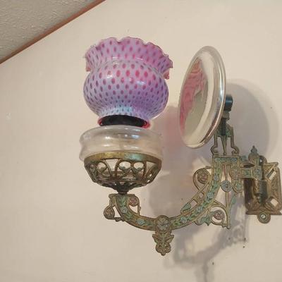 LS1212_Antique Victorian Wall_Mounted Kerosene Lamp – Cranberry Hobnail Shade