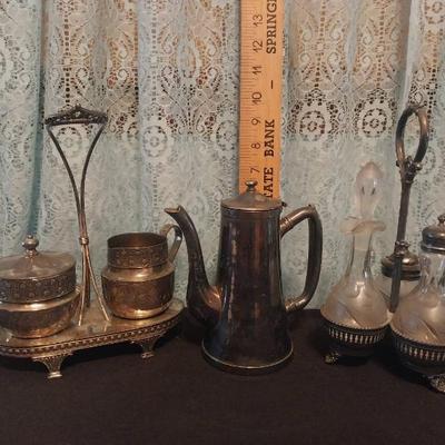 LS1227_James W. Tufts Sugar and Cream silver plate, Hotel Branded  Coffee Pot