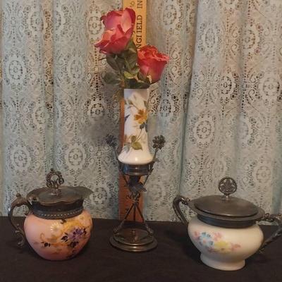 LS1206_Victorian Satin Glass with Silverplate – Syrup Pitcher, Biscuit Jar & Bud Vase
