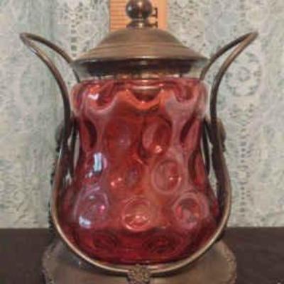 Ls1240 rockford pickle jar stand with thumb print cranberry glass jar