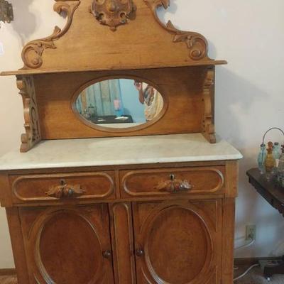 LS1210_Antique Victorian Marble_Top Sideboard with Ornate Mirror Topper – c. 1870s.