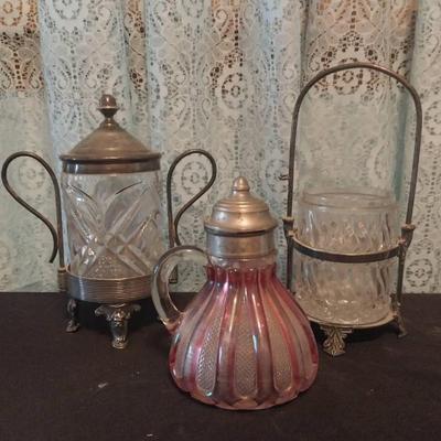 LS1211_Antique Glass & Silverplate Pickle Castors and Syrup Pitcher – Ridgeport & Wilcox