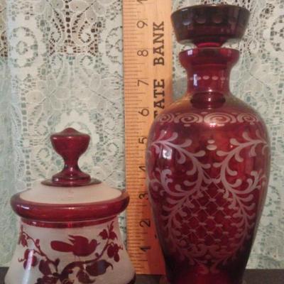 Ls1242 ruby bohemian flash glass decanter and candy dish