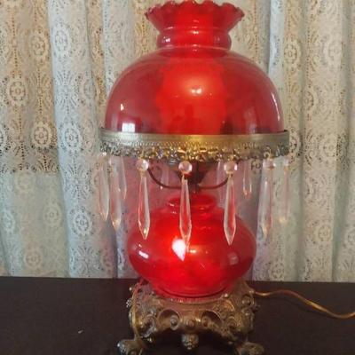 LS1208_Vintage Ruby Red Hurricane_Style Parlor Lamp with Prisms – Electrified