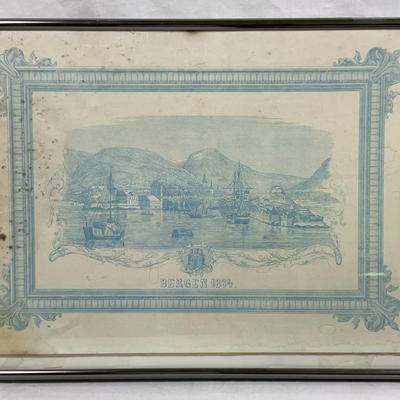 Framed Art & Historical Prints Lot – Rural Oil Painting, 1864 Bergen Blueprint, Antique Brown & Bige