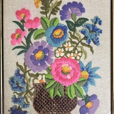 Floral Bouquet Crewel Embroidered Wall Art