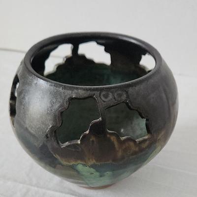 Brown And Green Ceramic Leaf Cutout Vase