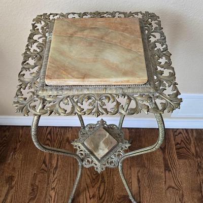 Victorian Antique Brass And Marble Side Table/ Plant Stand