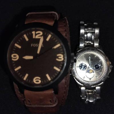 Two Mens Watches By Fossil With Genuine Leather And Metallic Bands