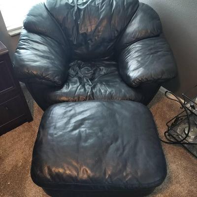 Black Leather Single Seater Sofa Chair + Ottoman
