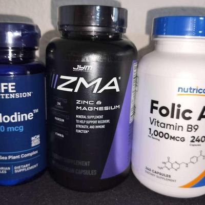 Unopened Zinc & Magnesium, Folic Acid, & Sea-Iodine Supplements By Nutricost, Jym, & Life Extension