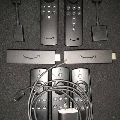 2 Amazon Fire 4k Working TV Sticks With Remotes + 3 Spare Remotes, 2 HDMI Extenders, & 1 Charger