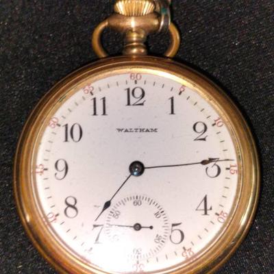 American Waltham Antique Gold Tone Open Face Pocket Watch
