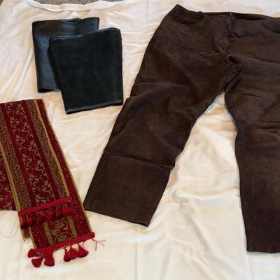 Brown Suede Leather Pants Size 20, Swashbuckling Boot Inserts, & Extra-Long Red Brocade Sash