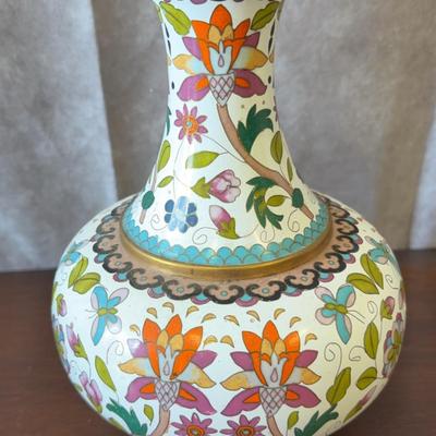 Chinese Colorful White Enamel Cloisonné Floral Brass Vase