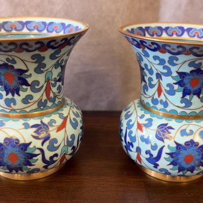 Pair of Small Chinese Blue & White Cloisonné Enamel Vases