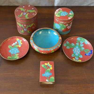 Assortment of Vintage Chinese Red Cloisonné Enamel Copper Desk Items