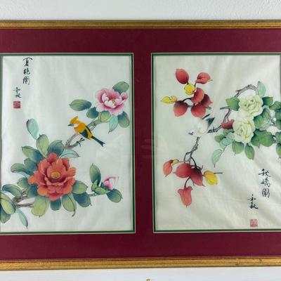 Japanese Giltwood-Framed Original Bird Floral Paintings on Silk