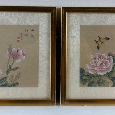Pair of Signed Giltwood-Framed Japanese Floral Butterfly Original Silk Paintings