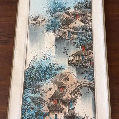 East Asian Mountain Village Scroll Print