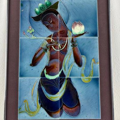 Vintage Southeast Asian Framed Glazed Tile Art