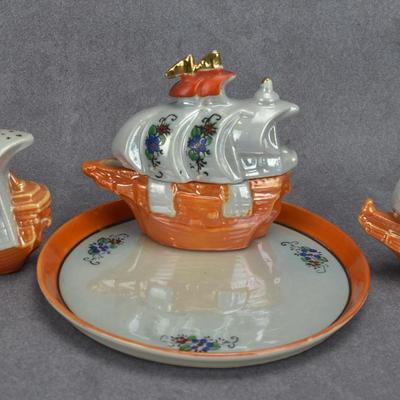 Antique Japanese Ship-Form Salt, Pepper & Creamer Porcelain Set