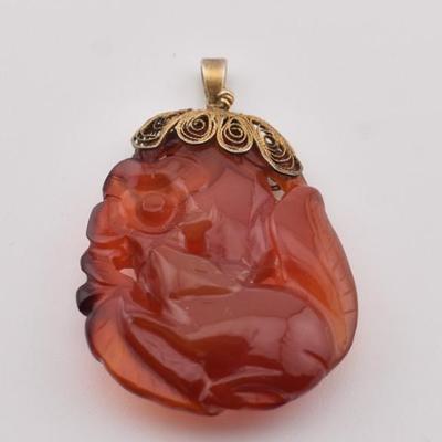 Silver Gold Vermeil Antique Chinese Qing Dynasty Carved Carnelian Squirrel Pendant
