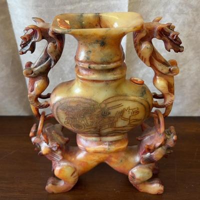 Antique Chinese Carved Hetian Jade Dragon Vase