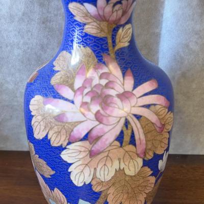 Blue Chinese Cloisonné Floral Brass Vase