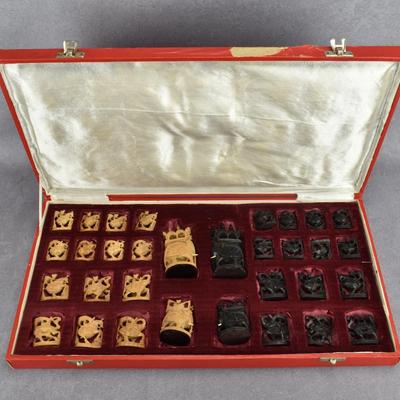 Vintage Indian Carved Wooden Elephant Chess Piece Set