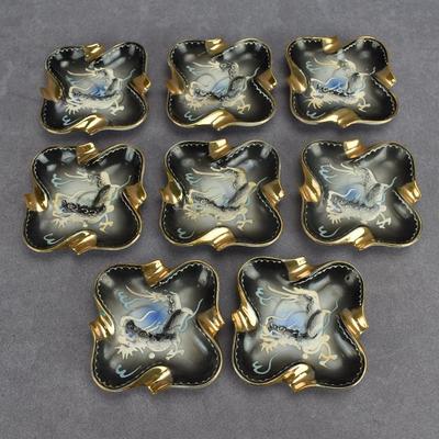 Vintage Japanese Moriage Dragon Porcelain Ashtray Set