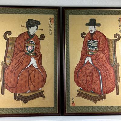 Pair of Large Vintage Signed East Asian Original Framed Portraits 