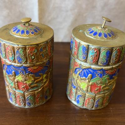 Pair of Vintage Chinese Enameled Lidded Bronze Jars