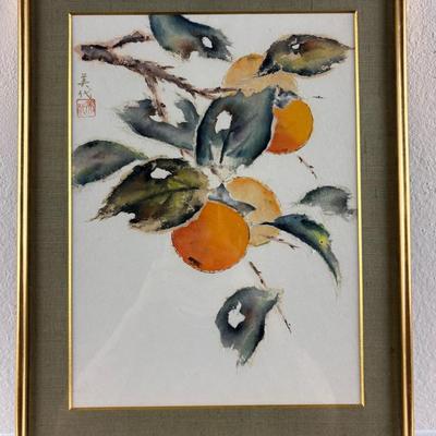 Vintage Giltwood-Framed Signed Japanese Orange Tree Original Watercolor