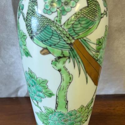 Vintage Japanese Green Imari Porcelain Peacock Vase
