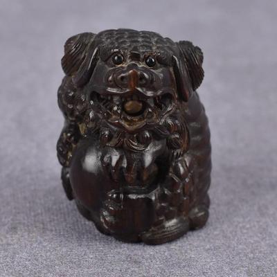 Antique Japanese Carved Wooden Foo Lion Netsuke W/ Ball in Mouth