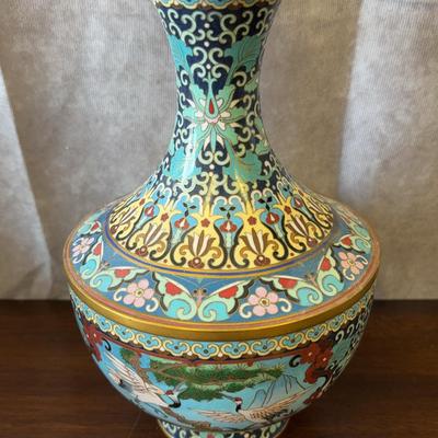 Chinese Crane & Butterfly Cloisonné Brass Vase