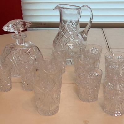 Collection Of Hobstar Crystal Glasses, Pitcher & Decanter
