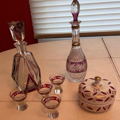 Czech Cut To Clear Set, Case Glass Lidded Dish & Purple Cut To Clear Decanter 