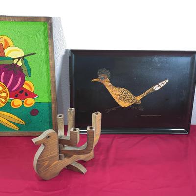 Couroc Tray, Needlepoint and Wood Hand-Carved Candleholder