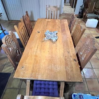 Rustic Carved Wood Dining Table w/ Eight Chairs 
