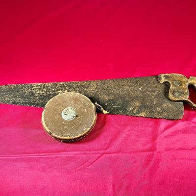 Vintage 100' Linen Tape Measure & Disston & Sons Saw