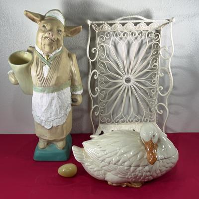 Mrs. Buttercup Baking Pig, Duck, Wrought Iron Serving Tray, & Agate Egg 