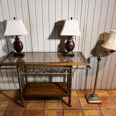 Glass-top Cane & Wood Console Table w/ 2 Table Lamps & Floor Lamp 